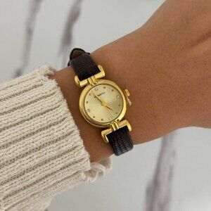 SKU:0132‎ vintage vibe gold watch with black-brown leather strap+in a gift bag